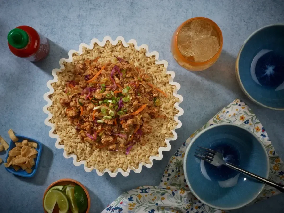 Eggroll in a Bowl with SunRice Protein+ Brown Jasmine Rice and sriracha