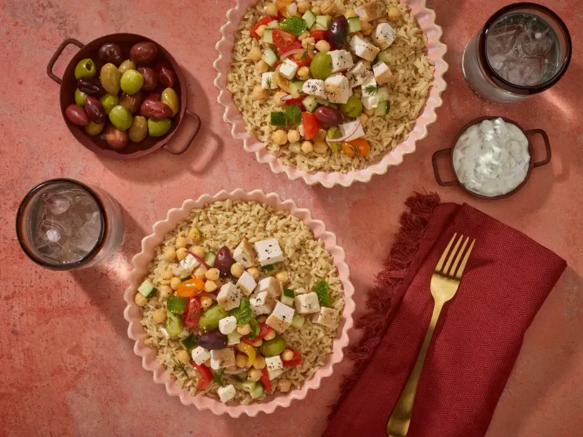 Mediterranean Bowl with SunRice Protein+ Brown Jasmine Rice, chicken and chickpea salad