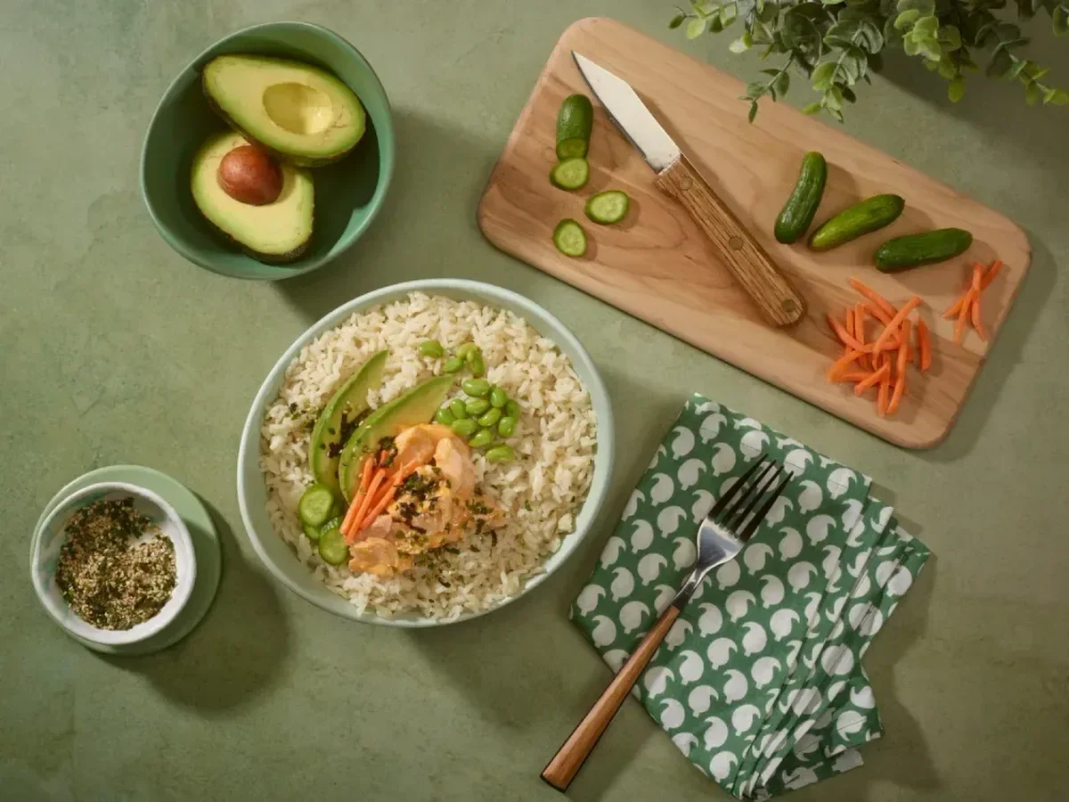 Deconstructed Spicy Salmon Roll Bowl with SunRice Protein+ Jasmine Rice