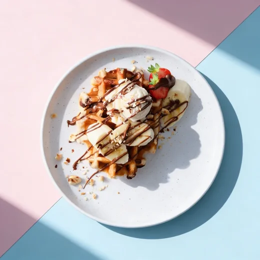 Choc Chip Waffles with Ice Cream and Choc Hazelnut Sauce
