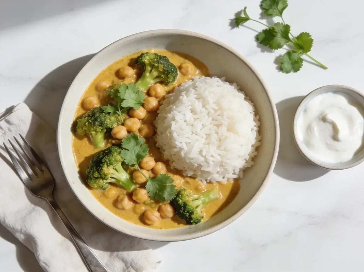 Broccoli and Chickpea Curry with Rice