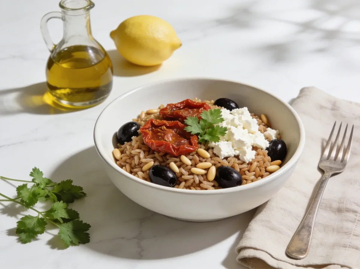 Brown Rice with Sun Dried Tomatoes, Olives and Pine Nuts