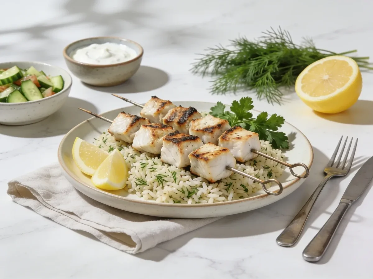 Fish Kebabs with Herb Rice