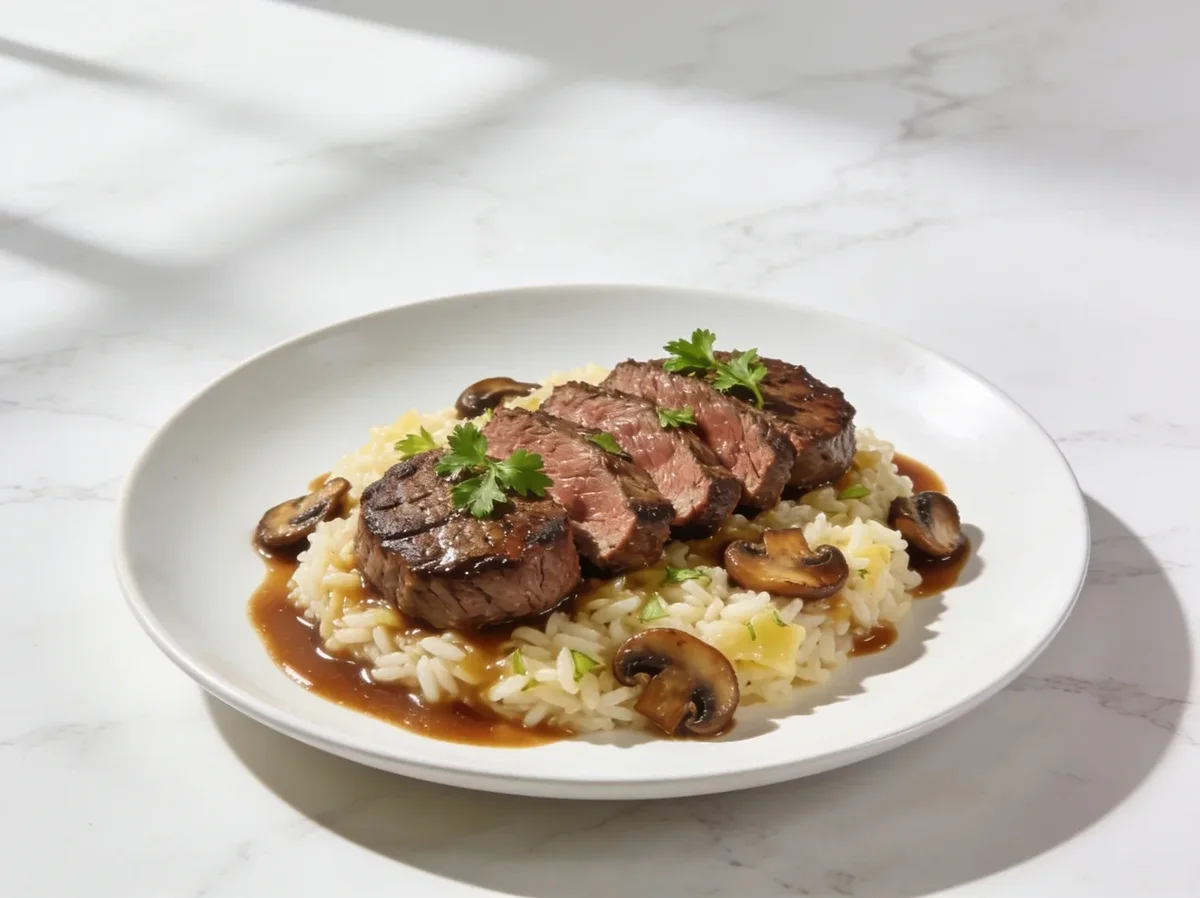 Garlic Butter Rice with Beef Medallions