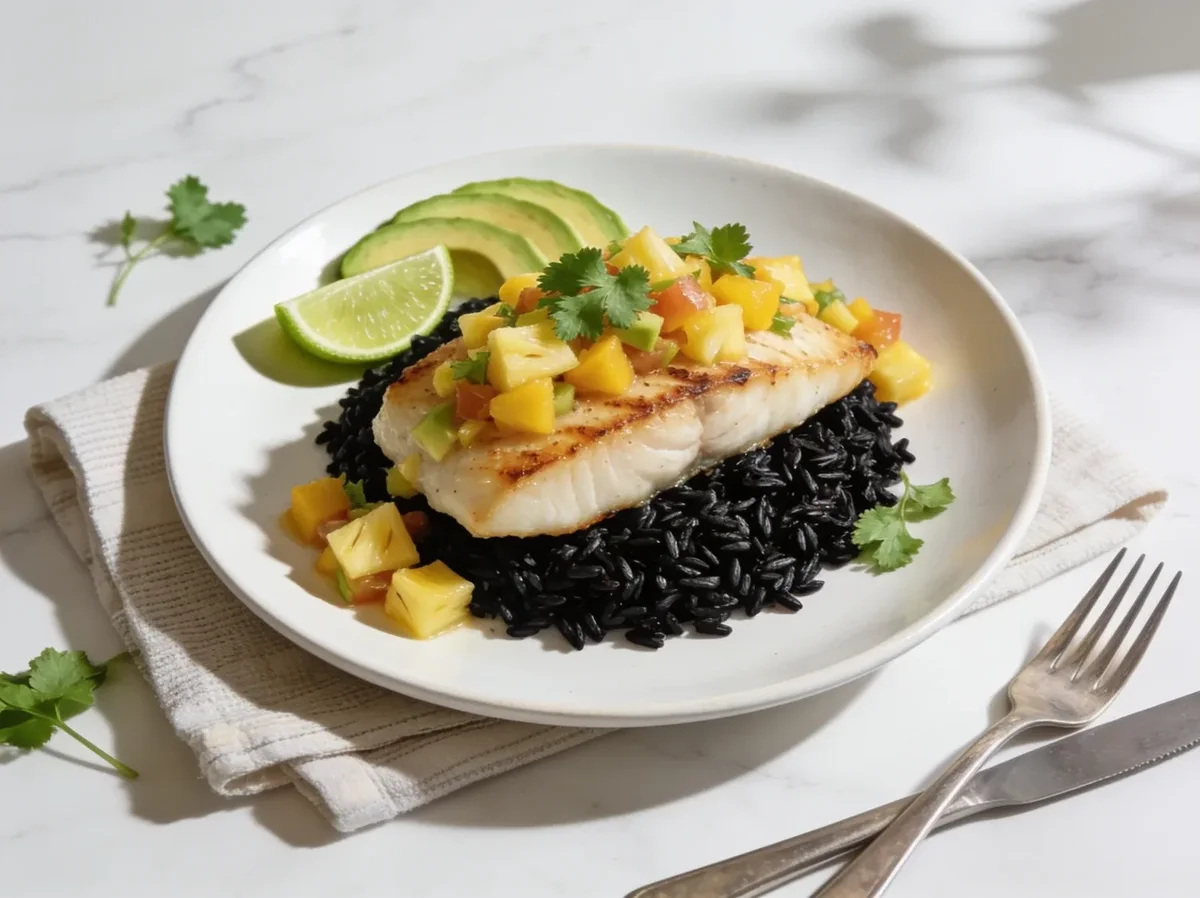Halibut & Pineapple-Mango Salsa Over Black Rice