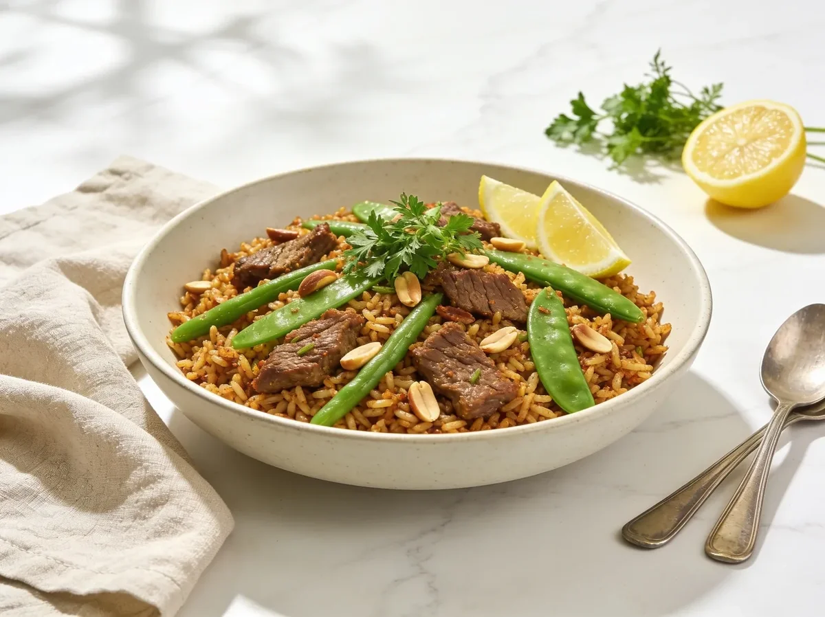 Lamb Rice with Green Beans and Snow Peas