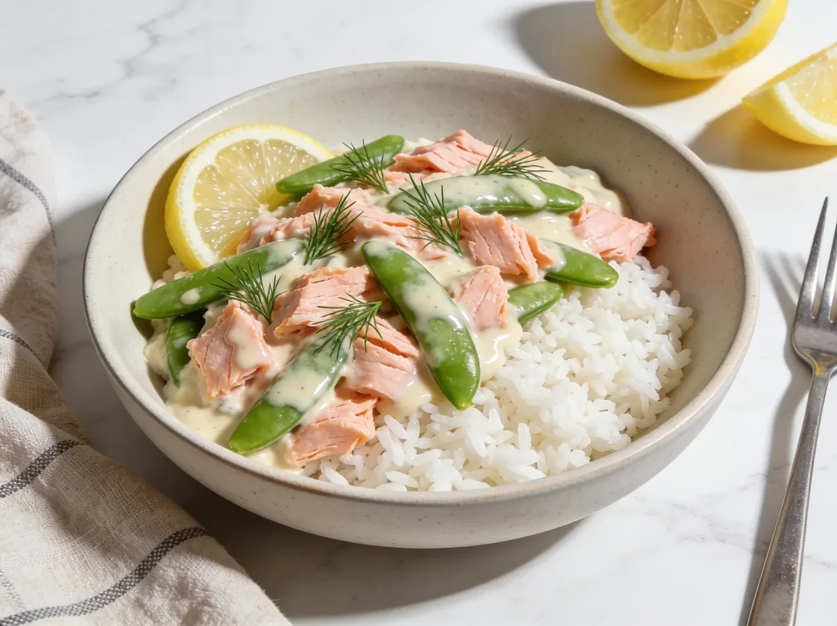 Rice With Creamy Salmon and Snow Peas
