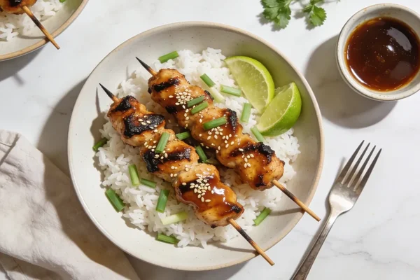 Barbecued Soy and Honey Kebabs with Rice
