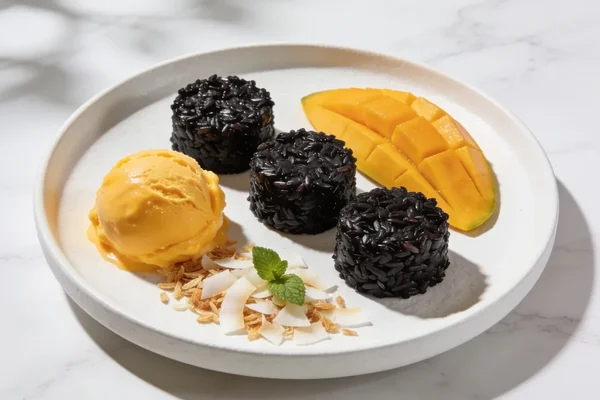 Black Rice Pudding Cakes with Mango Sorbet