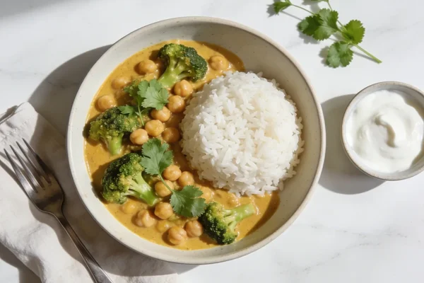 Broccoli and Chickpea Curry with Rice