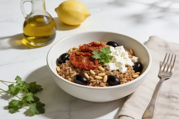 Brown Rice with Sun Dried Tomatoes, Olives and Pine Nuts