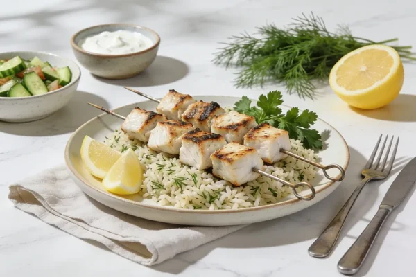 Fish Kebabs with Herb Rice