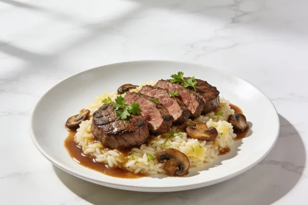 Garlic Butter Rice with Beef Medallions