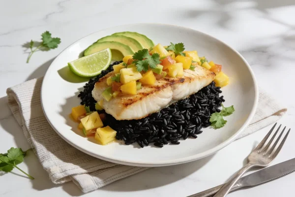 Halibut & Pineapple-Mango Salsa Over Black Rice