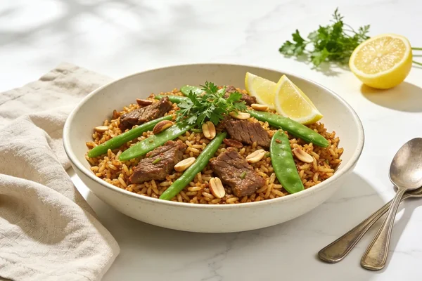 Lamb Rice with Green Beans and Snow Peas