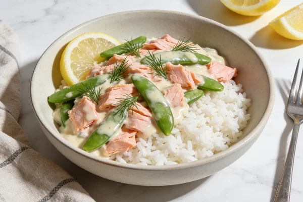 Rice With Creamy Salmon and Snow Peas